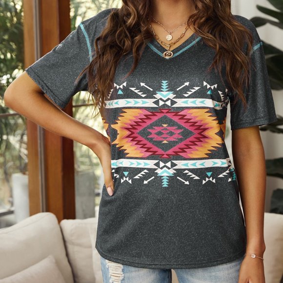 Gray Aztec Geometric Print V Neck Tee - Picture 7 of 10
